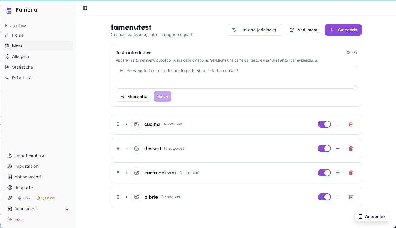 Tableau de bord FaMenu pour gérer le menu numérique