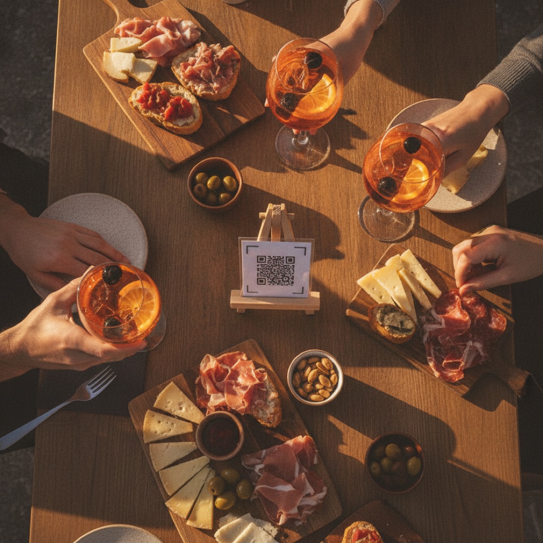 Table avec apéritif et menu numérique QR code
